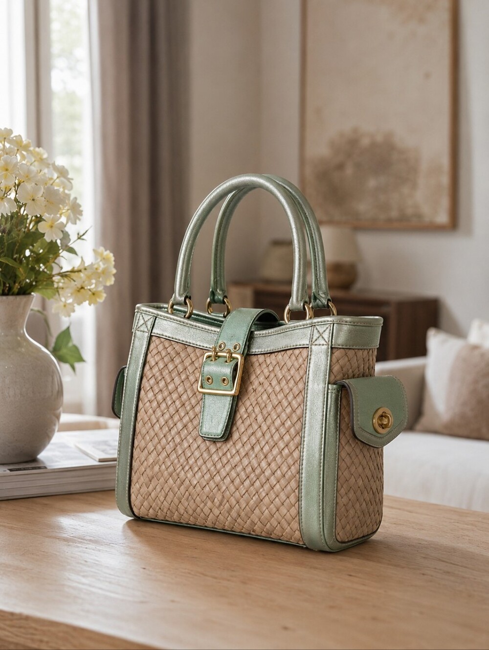 Coach M04K-441919 Straw Woven Satchel Bag Mint Green Gold Hardware